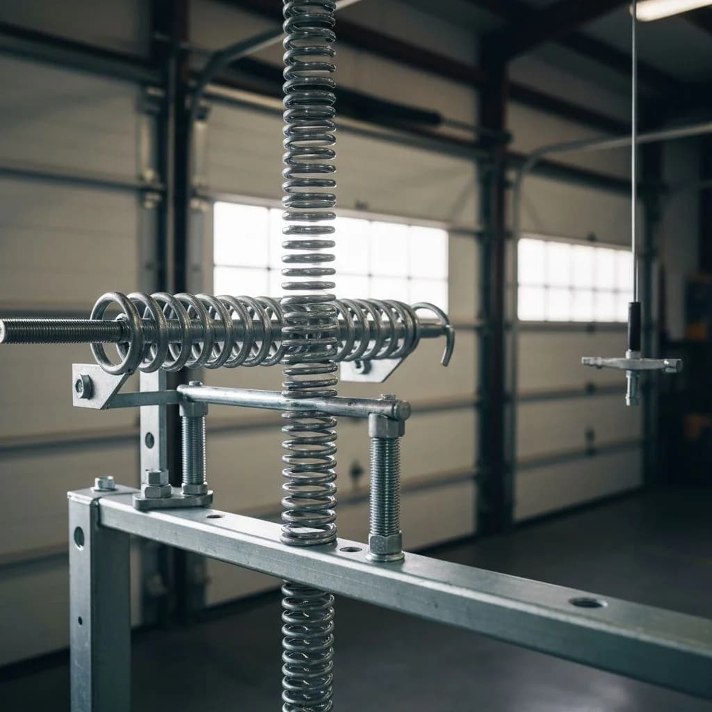 Checking torsion spring condition on a Southwest Florida garage door - Low Cost Garage Door Repair Close view of a residential garage door torsion spring showing coil condition