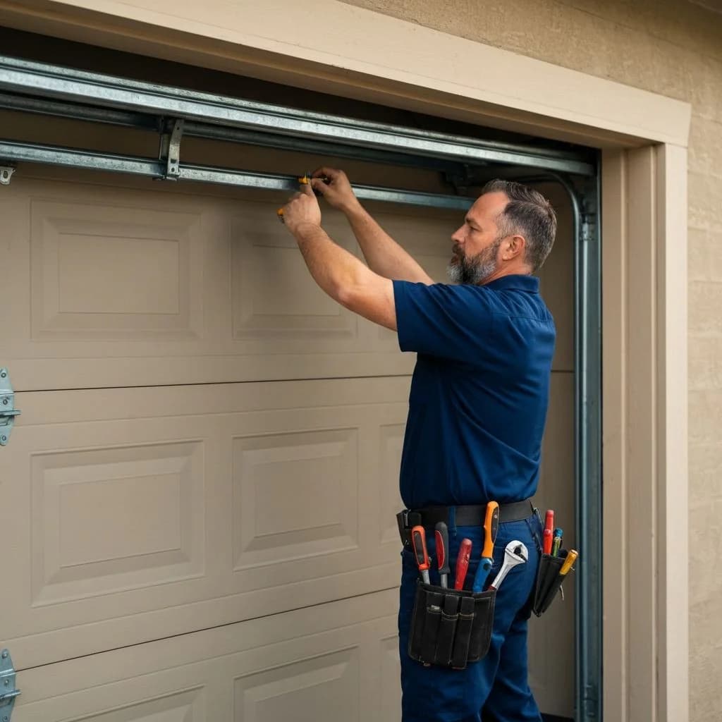 Professional permitted garage door installation in Fort Myers, FL — Low Cost Garage Door Repair Licensed garage door technician installing a wind-rated door in Fort Myers Florida